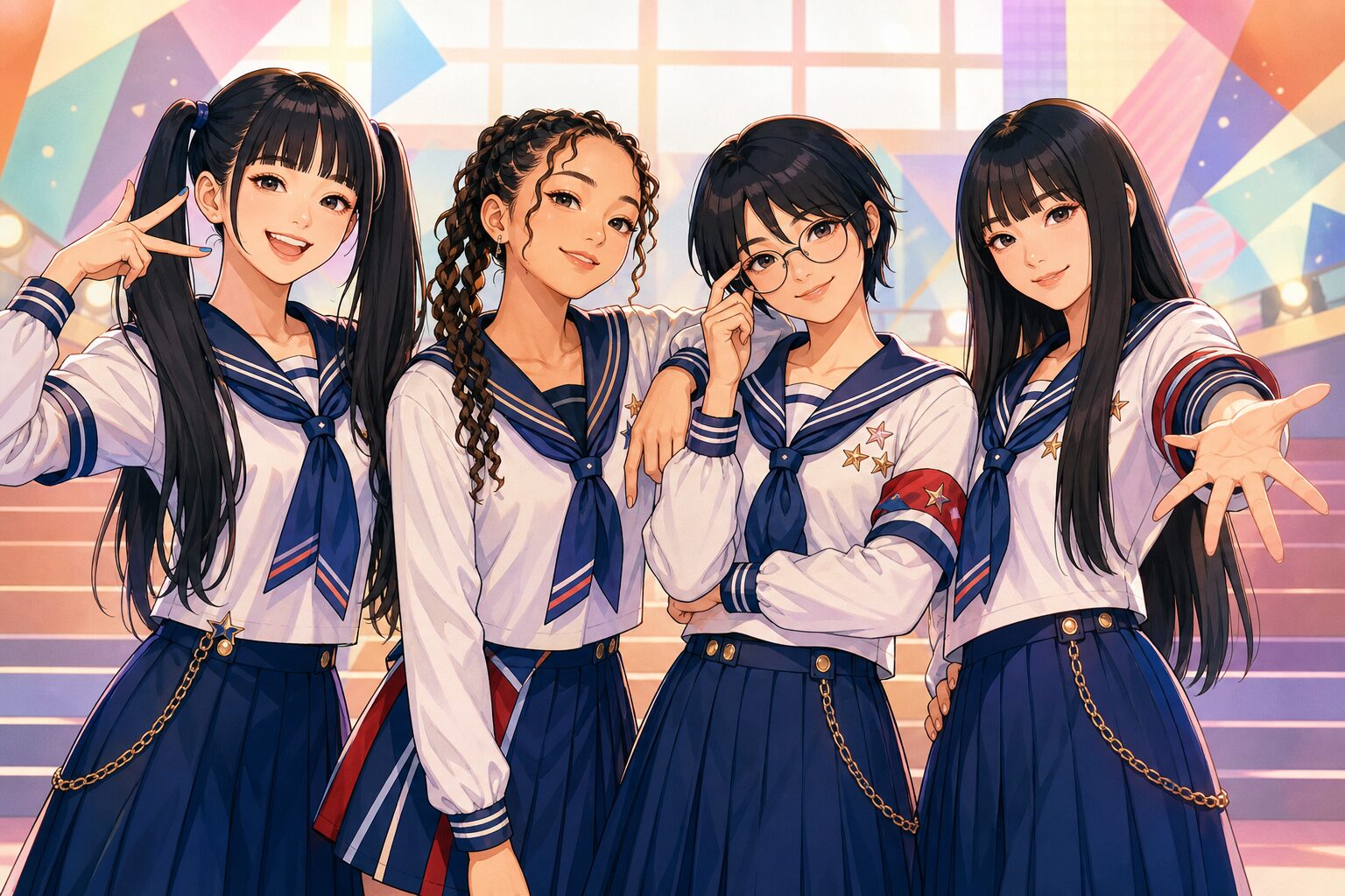 新しい学校のリーダーズ4人を描いたイメージイラスト